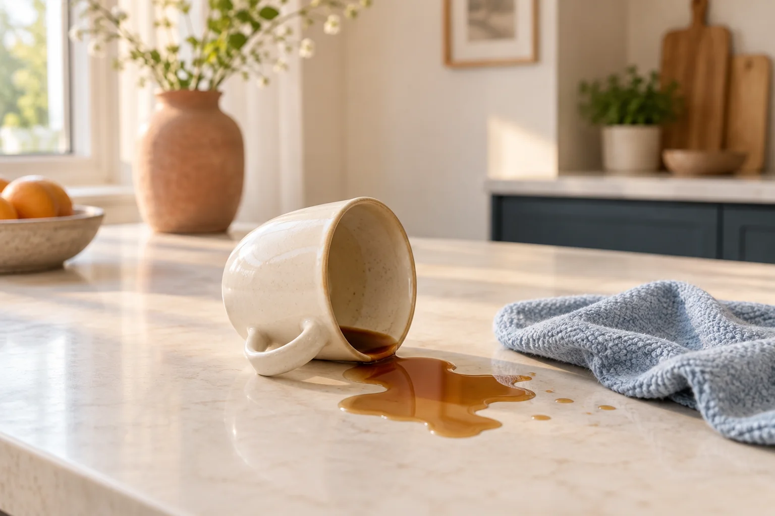 Een omgevallen koffiekop met een doek ernaast